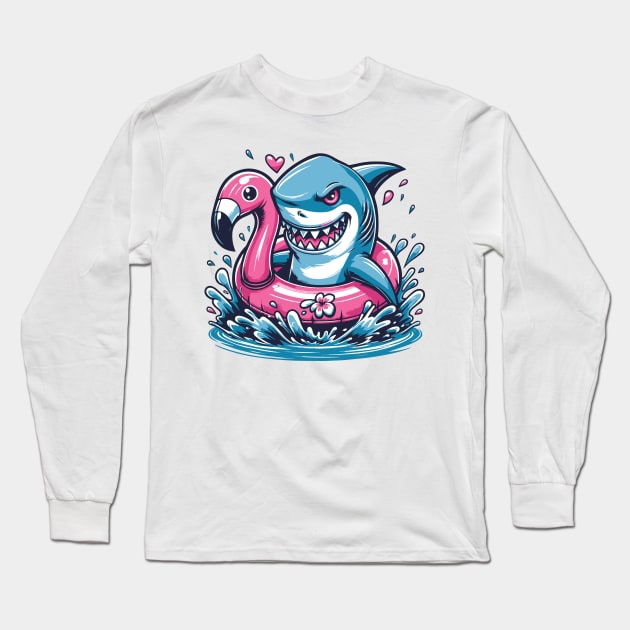 Shark & Flamingo Pool Party Summer Fun Beach Humor Long Sleeve T-Shirt by Graphic Duster